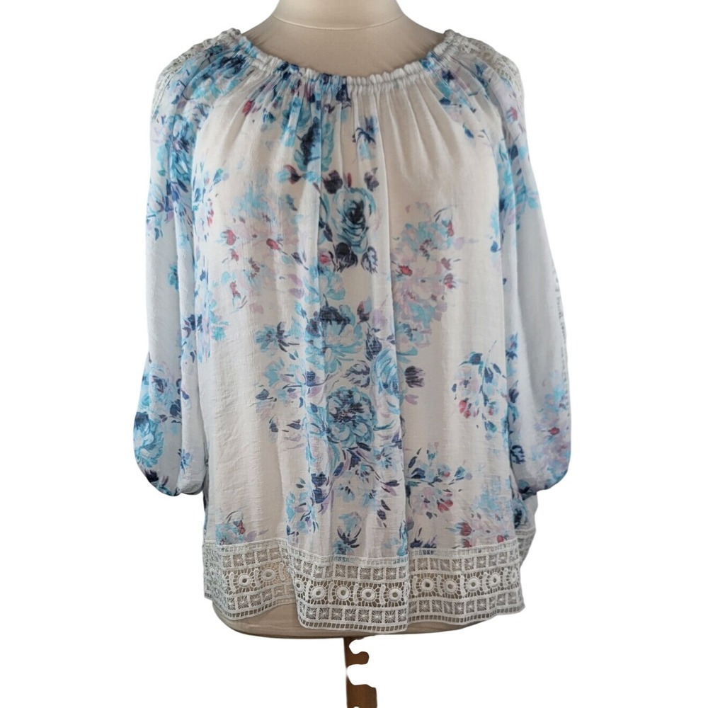 Zac & Rachel Boho Blue & White Floral Peasant Top